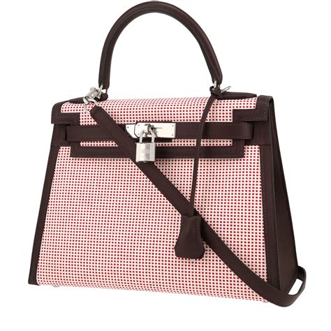 Hermès Kelly 28 Toile Quadrille / Swift Ecru / Rouge 